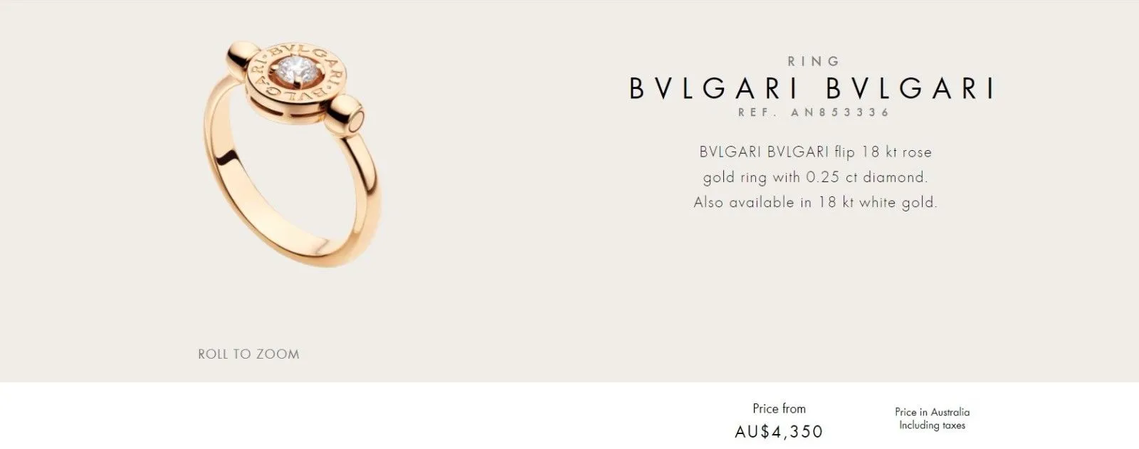 Bulgari Bvlgari 0.25ct Diamond 18ct Rose Gold Ring REF: AN853336 $4350 US