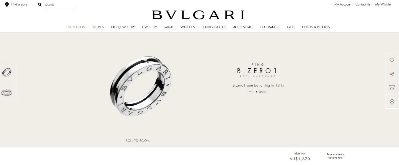 Bulgari Bvlgari BZero1 1 Band Ring in 18ct White Gold Ring REF: AN852423 US 11
