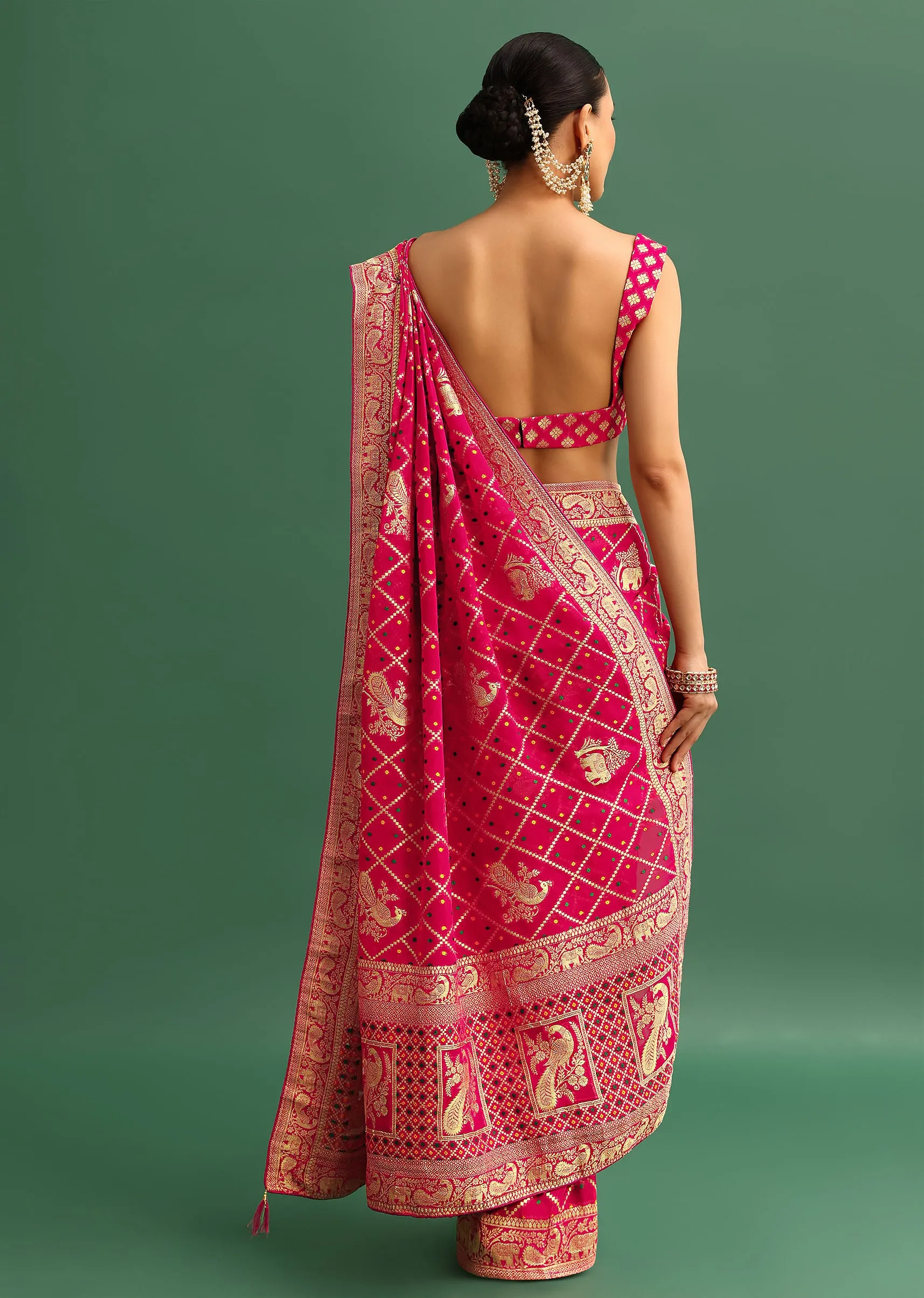 Coral Khaddi Georgette Saree With Zari Jaal Bandhani Weave And Unstitched Blouse