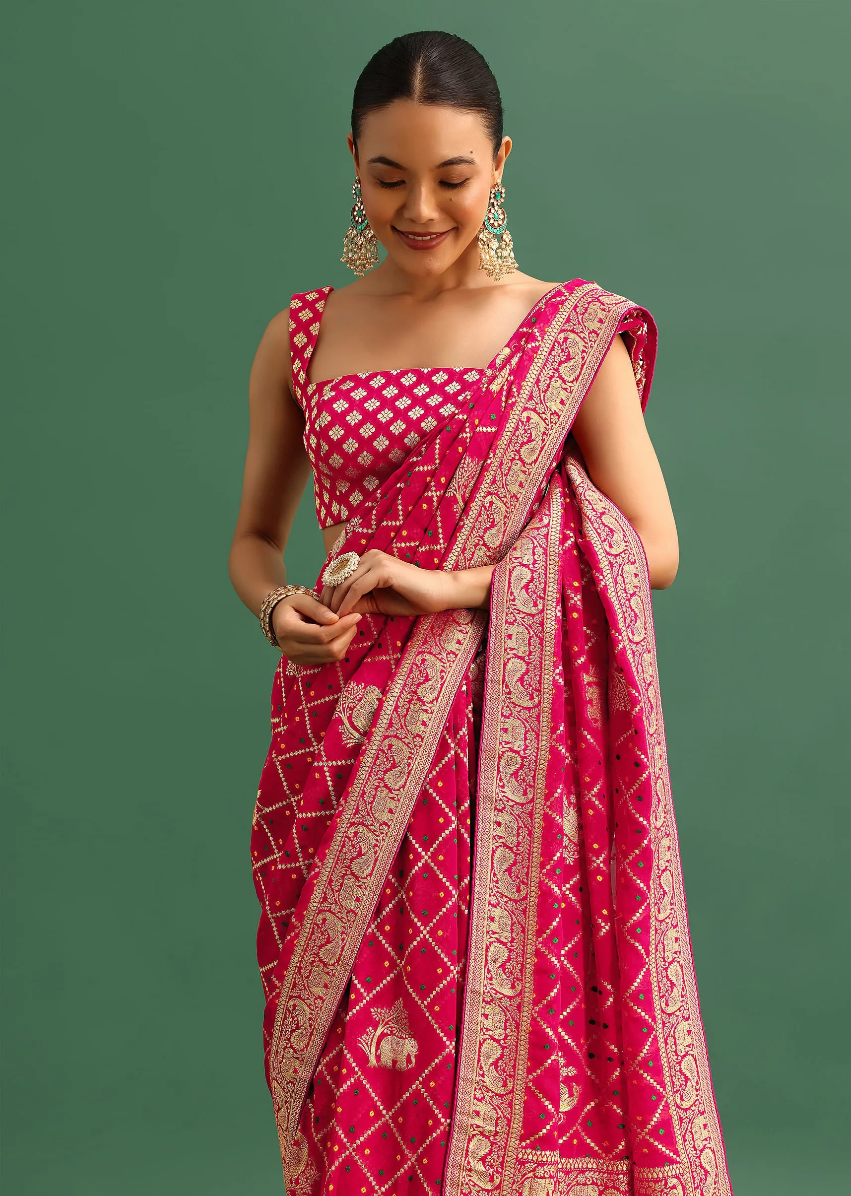 Coral Khaddi Georgette Saree With Zari Jaal Bandhani Weave And Unstitched Blouse