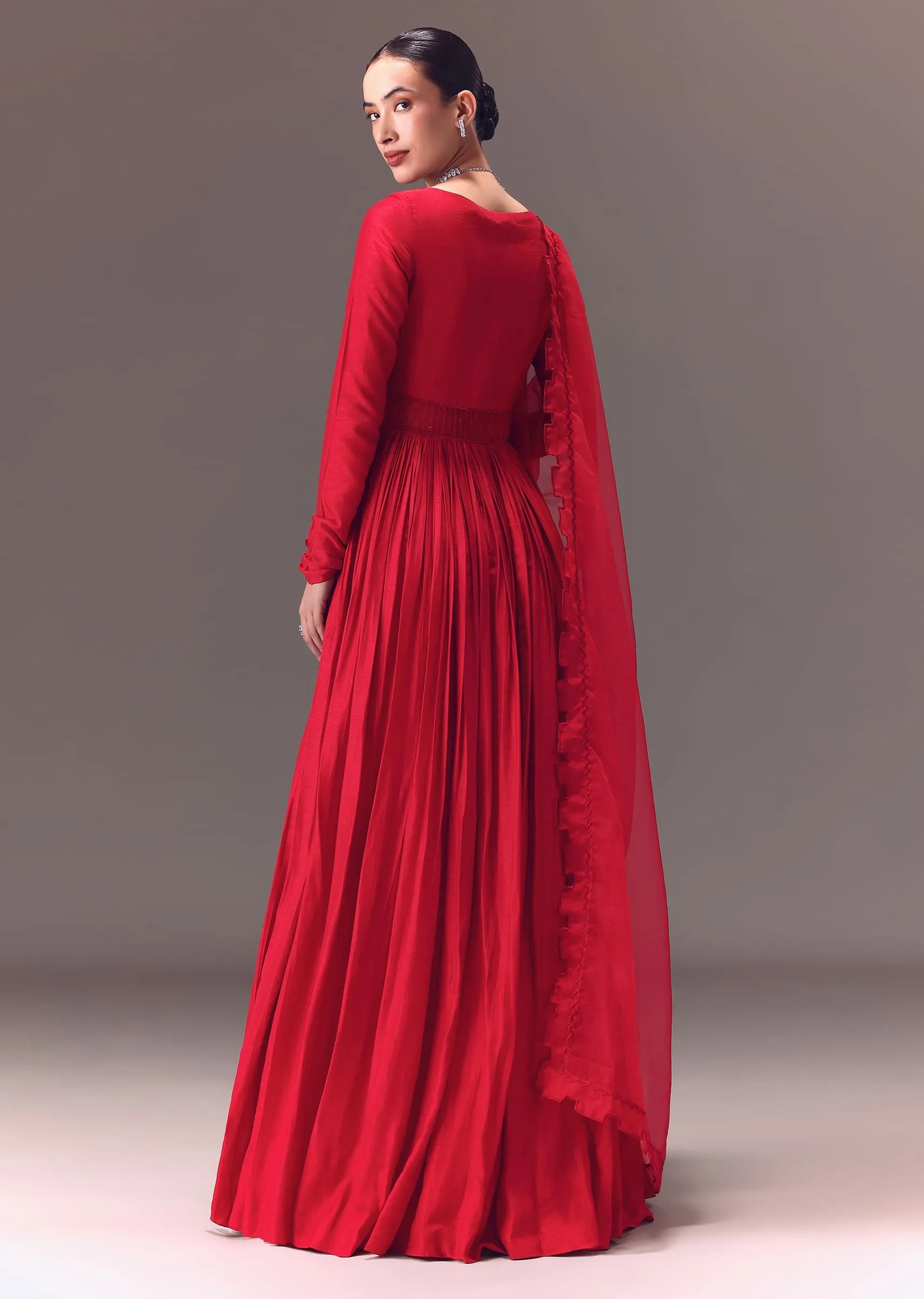 Crimson Red Ruched Embroidered Suit With Dupatta