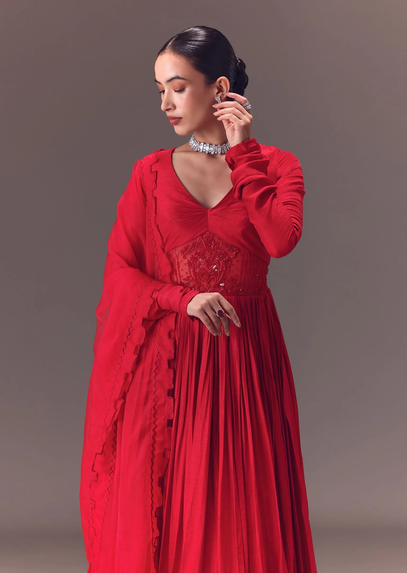 Crimson Red Ruched Embroidered Suit With Dupatta