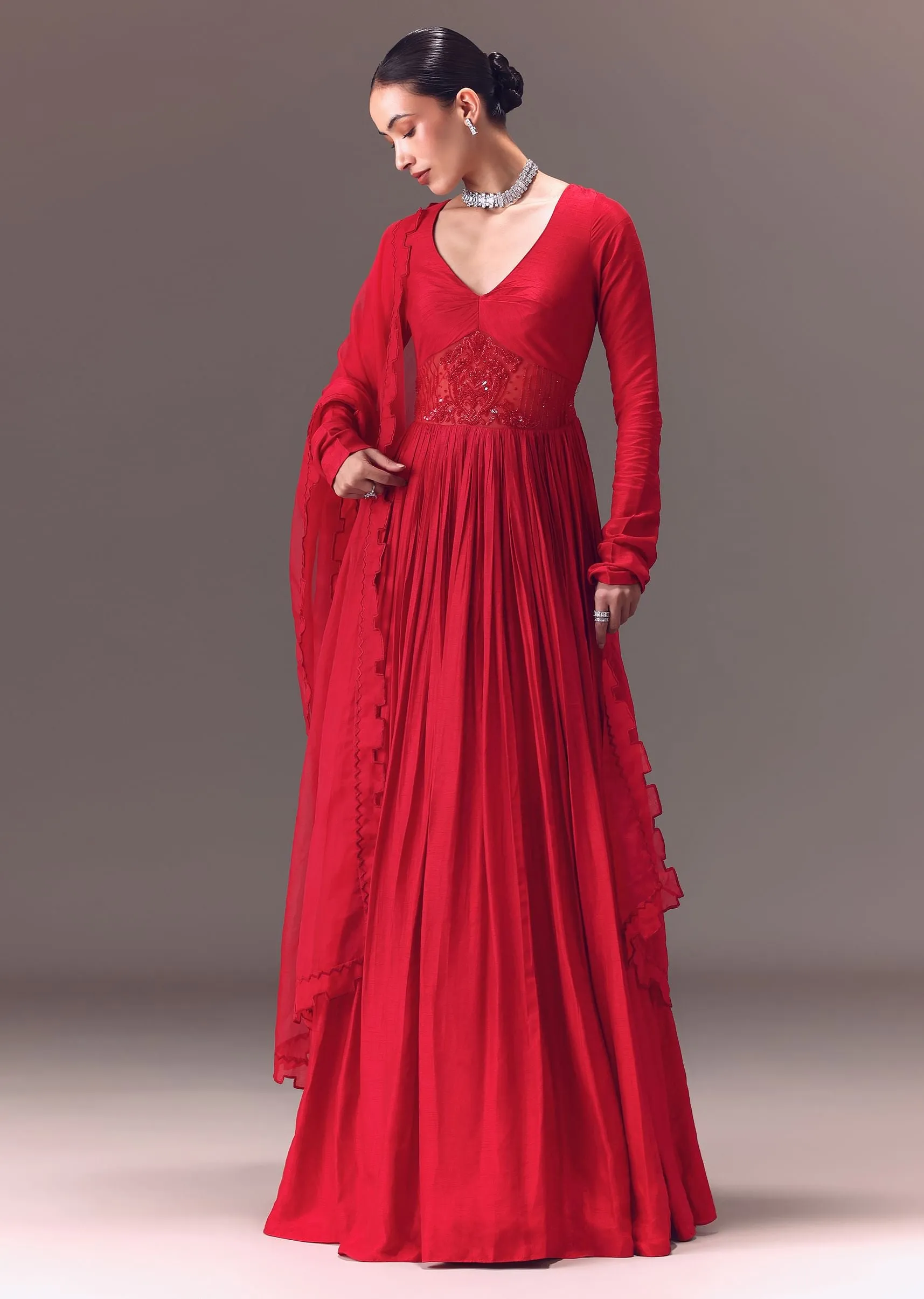 Crimson Red Ruched Embroidered Suit With Dupatta