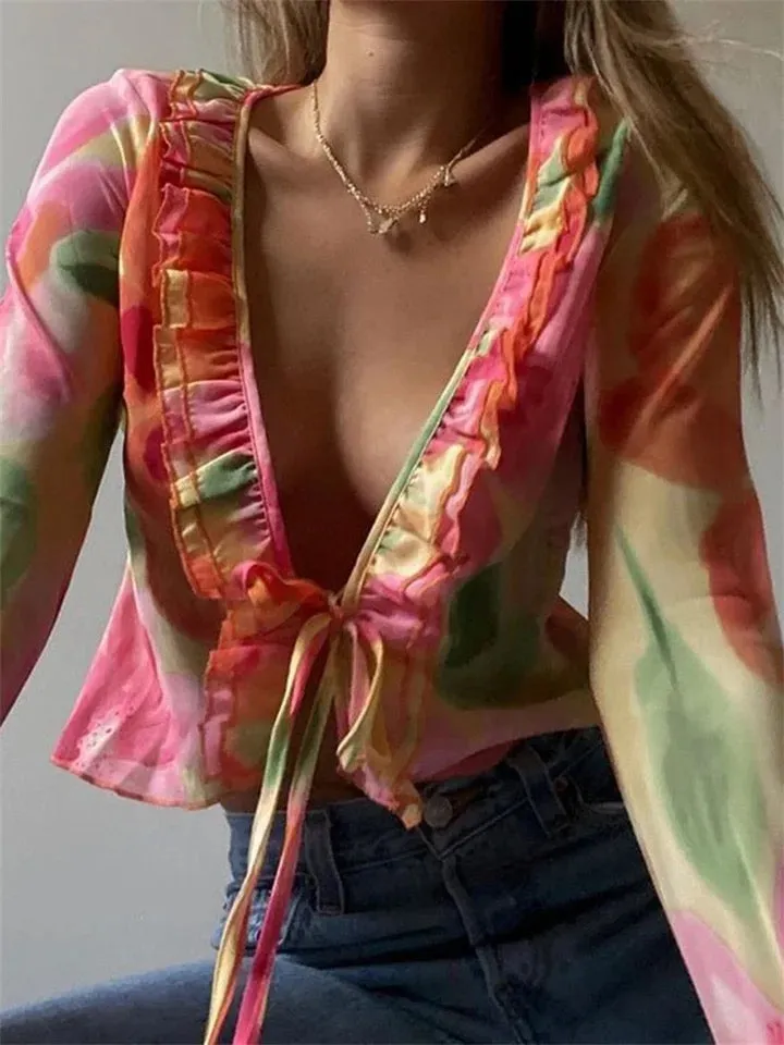 Floral mesh ruffles boho cardigan