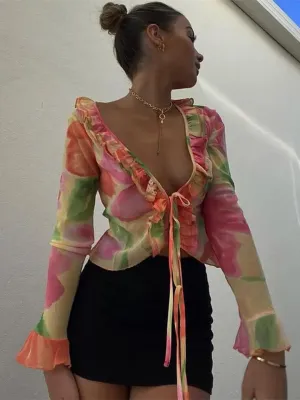 Floral mesh ruffles boho cardigan