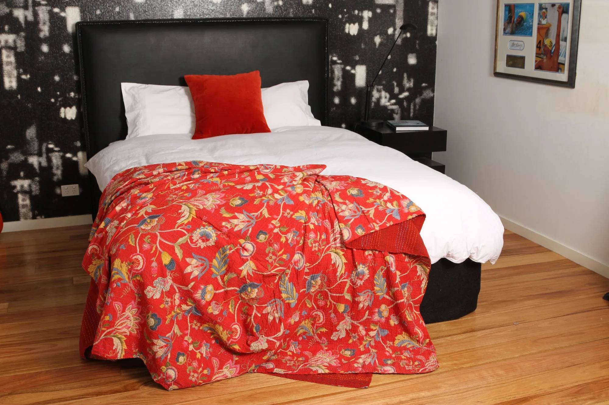 Kantha Botanical Quilt in Crimson - Double & King